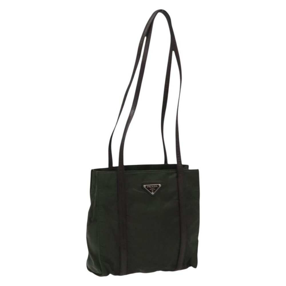 Authentic PRADA Shoulder Bag Nylon Leather Khaki Silver